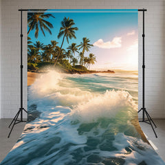 Summer Beach Coconut Trees Waves Sweep Backdrop - Layoris