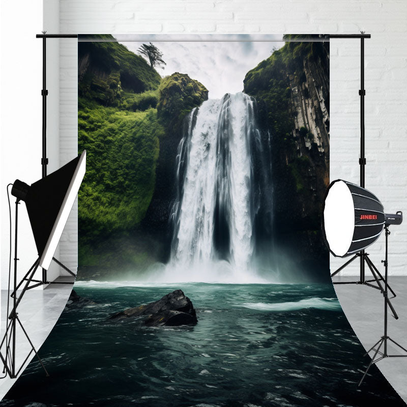 Dark Green River Waterfall Landscape Sweep Backdrop - Layoris