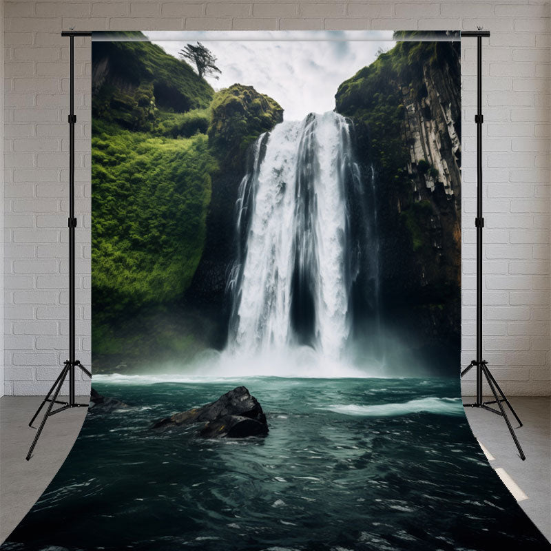 Dark Green River Waterfall Landscape Sweep Backdrop - Layoris