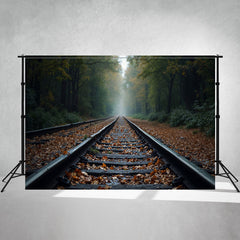 Railroad Tracks In The Autumn Woods Photo Backdrop - Layoris