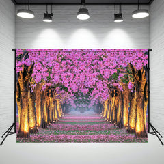 Pink Flower Tree Illuminated By Street Lamp Backdrop - Layoris