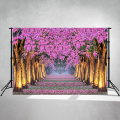 Pink Flower Tree Illuminated By Street Lamp Backdrop - Layoris