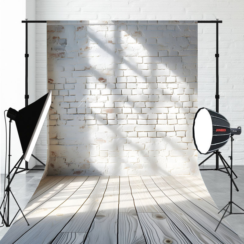 White Brick Wall Wood Grain Floor Sweep Backdrop - Layoris