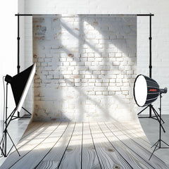 White Brick Wall Wood Grain Floor Sweep Backdrop - Layoris