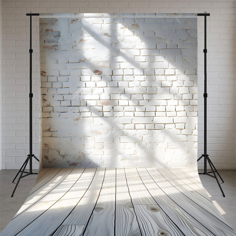 White Brick Wall Wood Grain Floor Sweep Backdrop - Layoris
