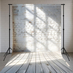White Brick Wall Wood Grain Floor Sweep Backdrop - Layoris