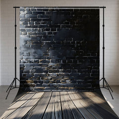 Black Brick Wall And Wooden Floor Sweep Backdrop - Layoris