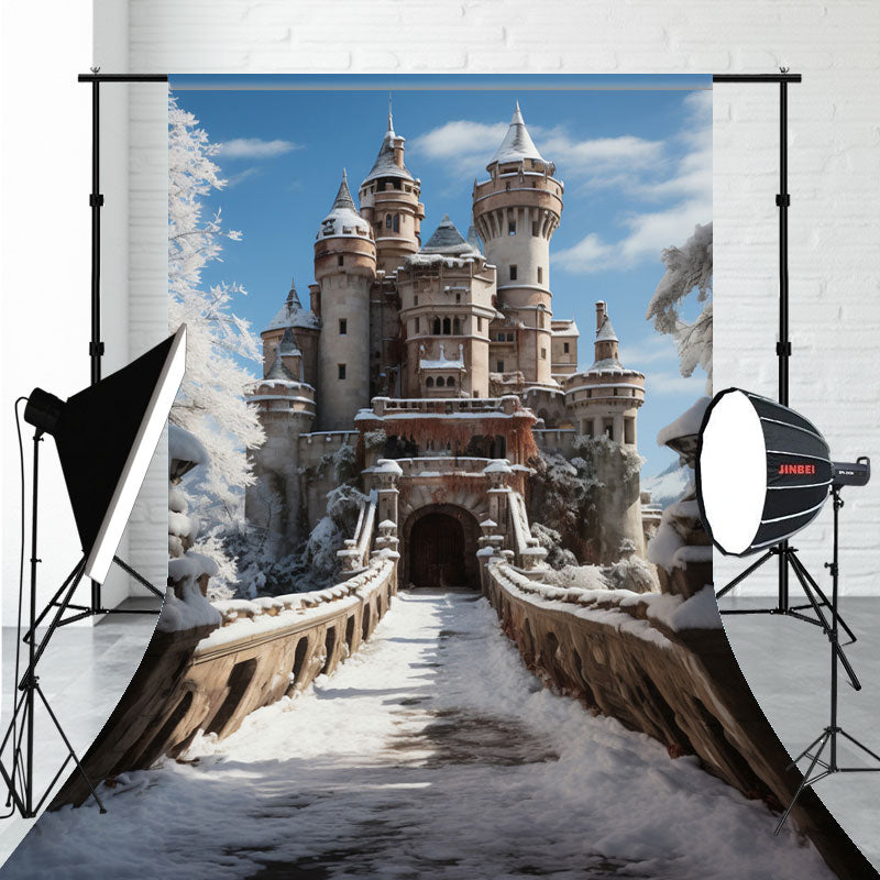 Winter Vintage Castle Covered Snow Sweep Backdrop - Layoris