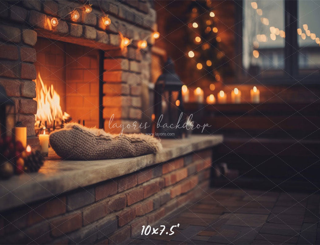 Indoor Brick Fireplace Christmas Photo Backdrop - Layoris