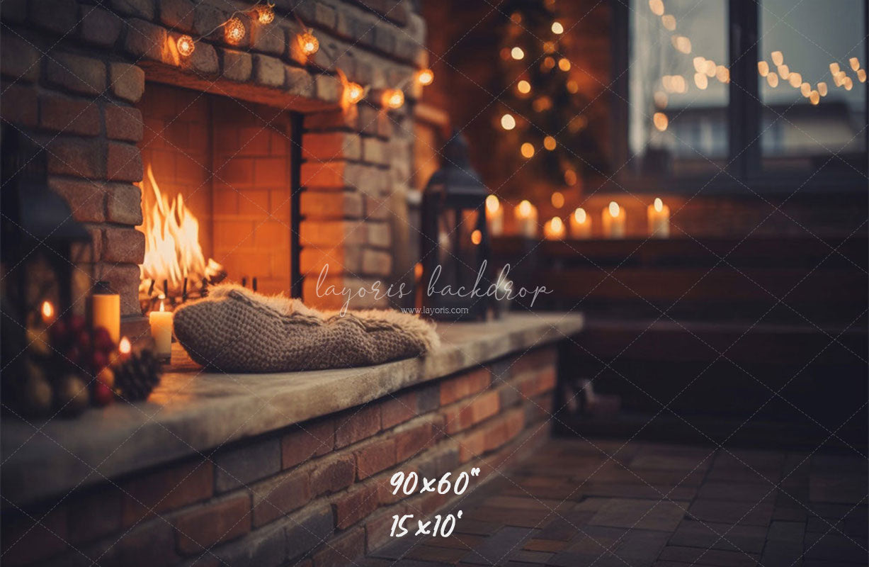 Indoor Brick Fireplace Christmas Photo Backdrop - Layoris