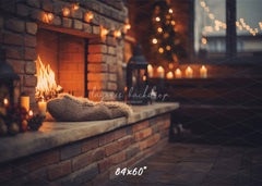 Indoor Brick Fireplace Christmas Photo Backdrop - Layoris