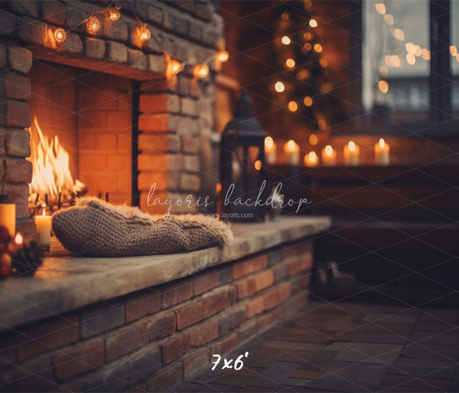 Indoor Brick Fireplace Christmas Photo Backdrop - Layoris