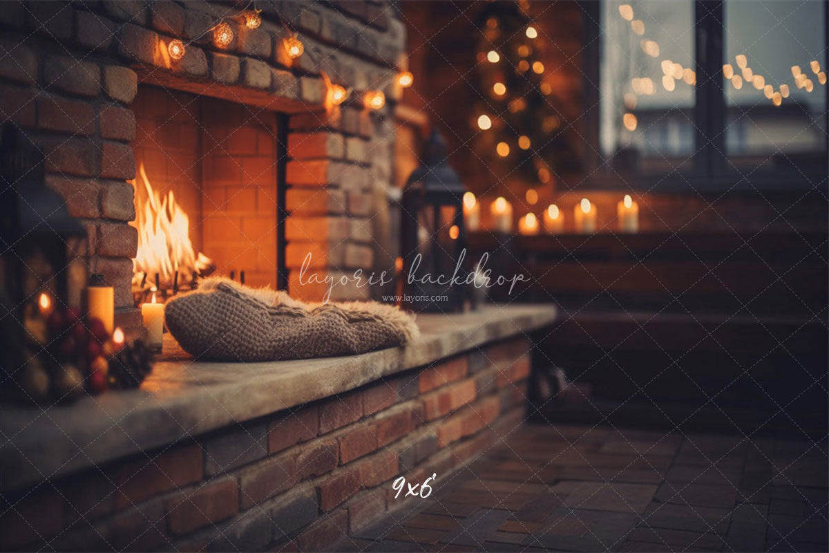 Indoor Brick Fireplace Christmas Photo Backdrop - Layoris