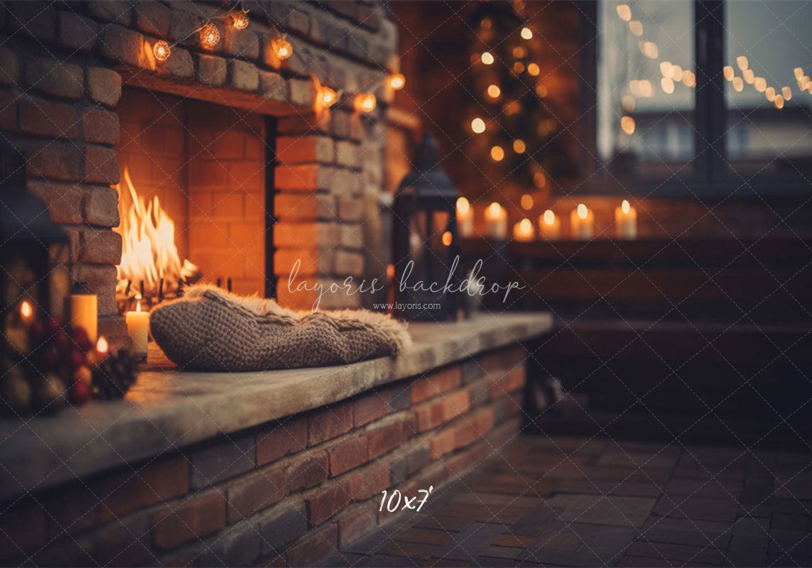 Indoor Brick Fireplace Christmas Photo Backdrop - Layoris