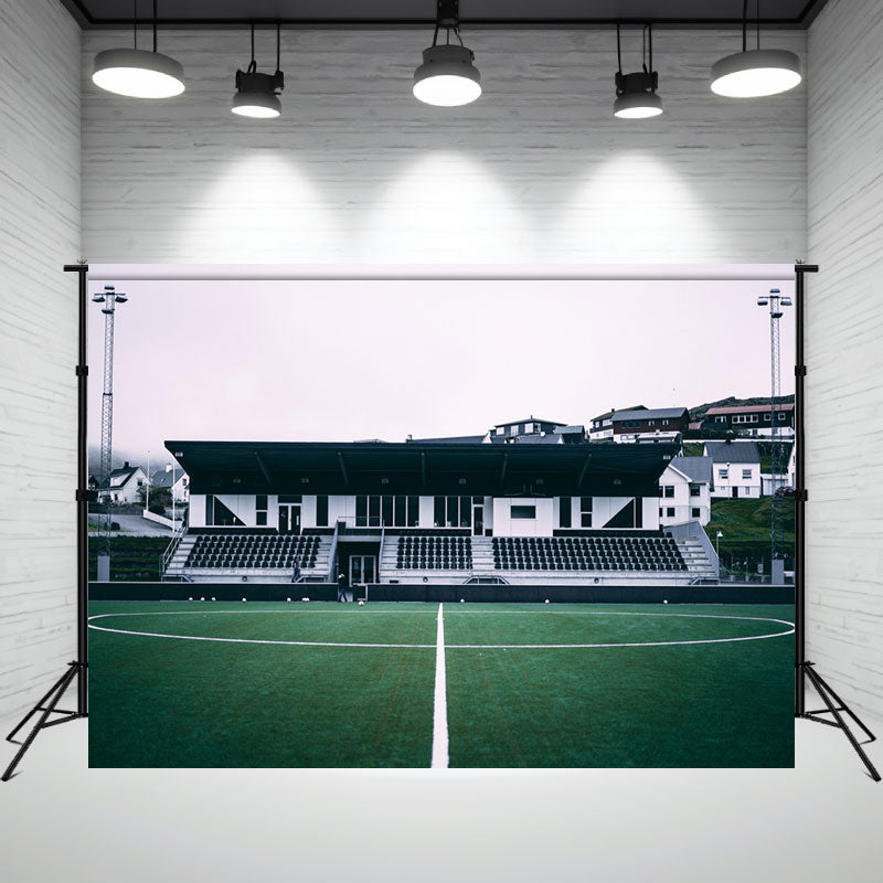 School Football Field On Cloudy Day Photo Backdrop - Layoris