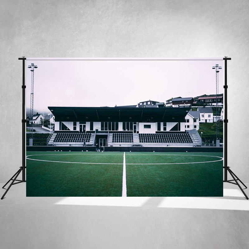 School Football Field On Cloudy Day Photo Backdrop - Layoris