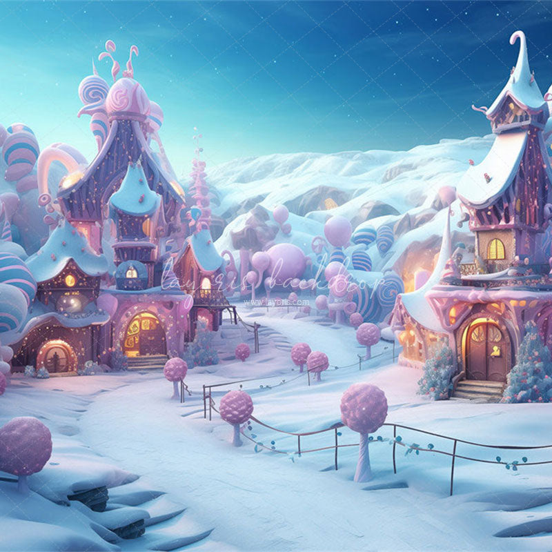 Powder Blue Candy Town Winter Photo Backdrop - Layoris