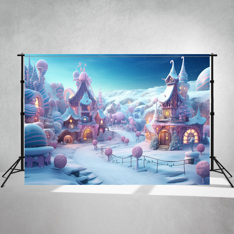 Powder Blue Candy Town Winter Photo Backdrop - Layoris