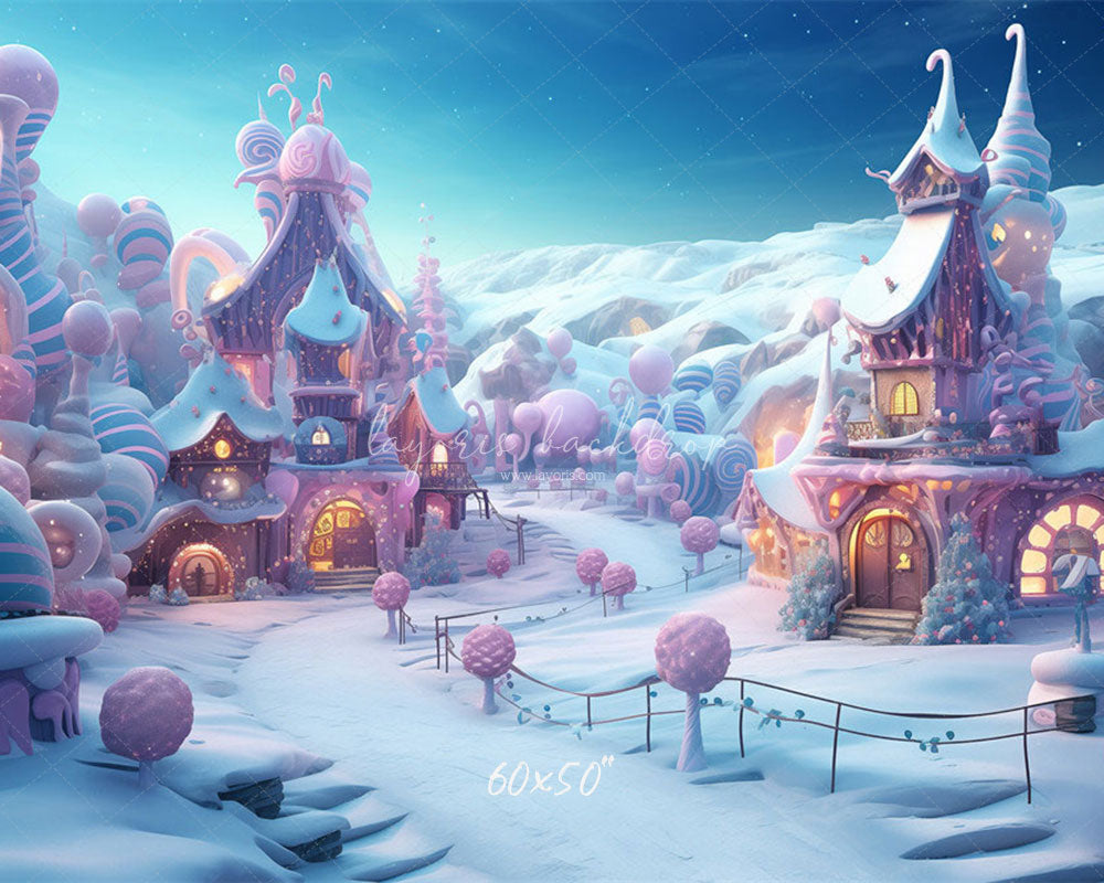 Powder Blue Candy Town Winter Photo Backdrop - Layoris