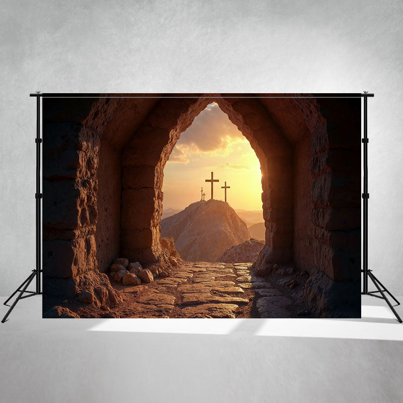 Cave Cross Sun Rise Easter Photo Backdrop - Layoris