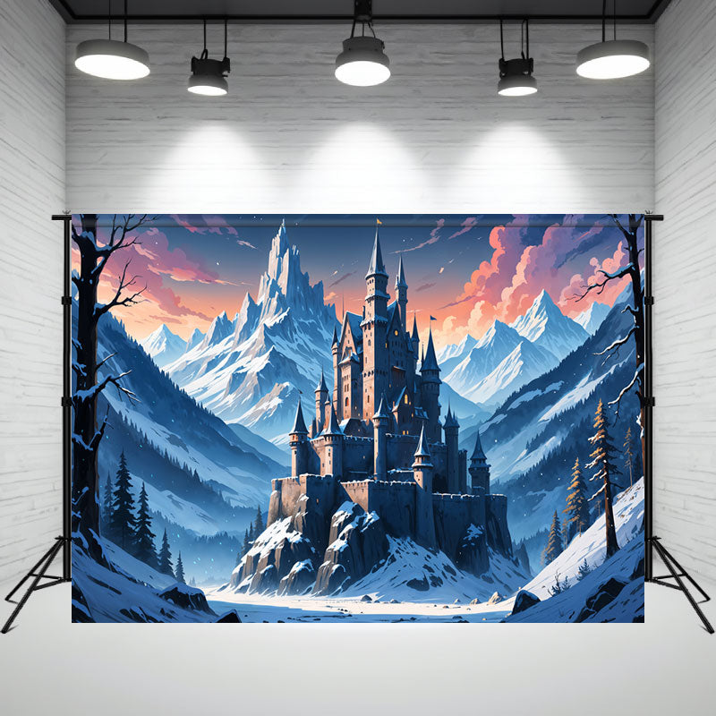 Cartoon Snow Mountain Castle Photo Backdrop - Layoris