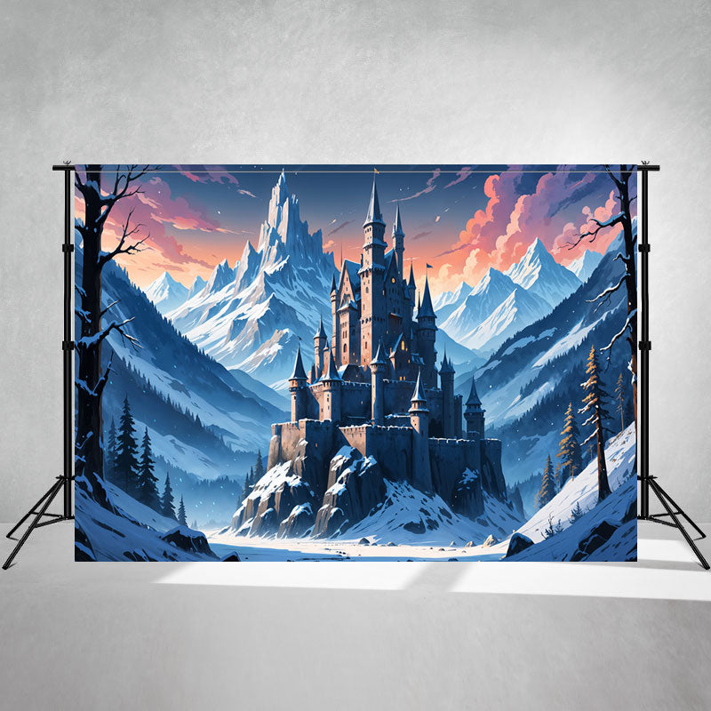 Cartoon Snow Mountain Castle Photo Backdrop - Layoris