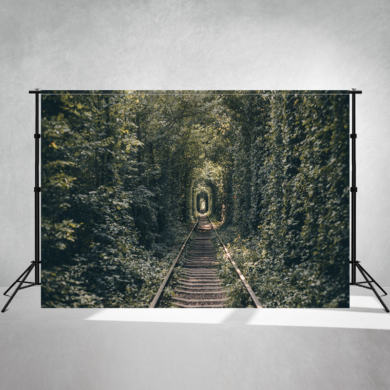 Railroad Tracks In The Woods Portrait Photo Backdrop - Layoris