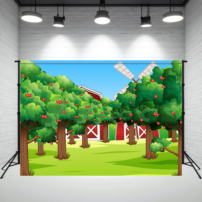 Cartoon Apple Tree Red House Farm Backdrop - Layoris