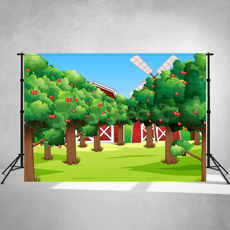 Cartoon Apple Tree Red House Farm Backdrop - Layoris