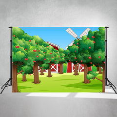 Cartoon Apple Tree Red House Farm Backdrop - Layoris