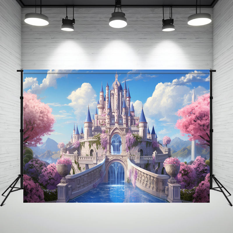 Blue Castle Pink Flowers Princess Photo Backdrop - Layoris