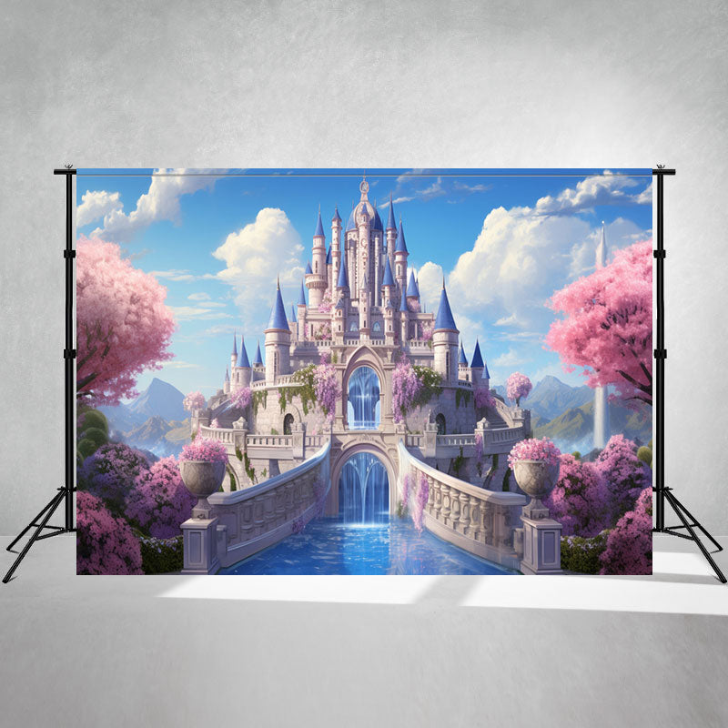 Blue Castle Pink Flowers Princess Photo Backdrop - Layoris