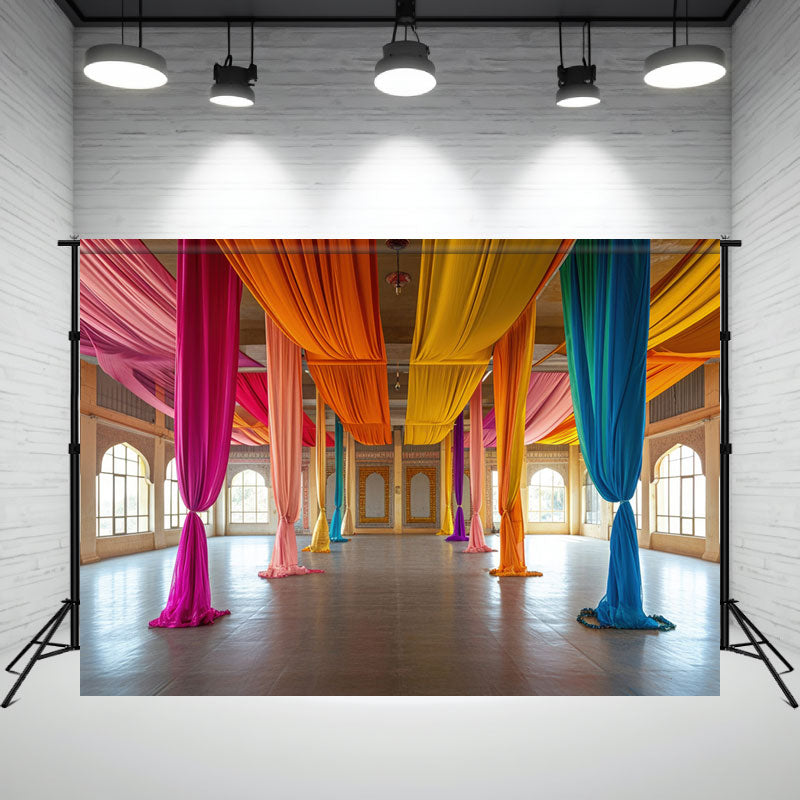 Hall Decorated With Colorful Curtains Diwali Backdrop - Layoris