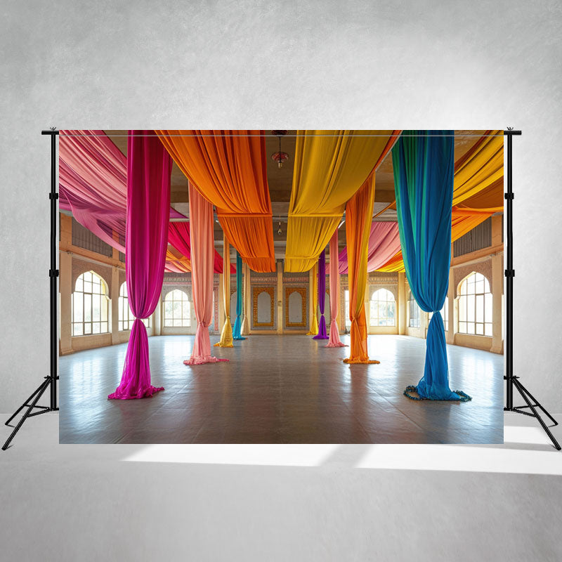 Hall Decorated With Colorful Curtains Diwali Backdrop - Layoris