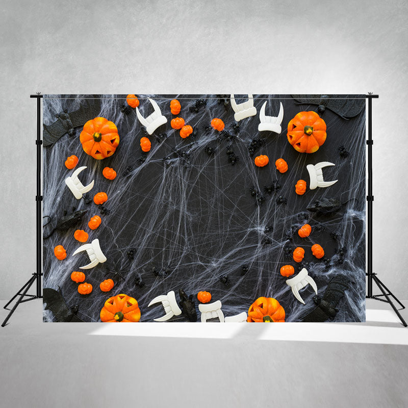 Pumpkin Spider Web Fangs Halloween Photo Backdrop - Layoris