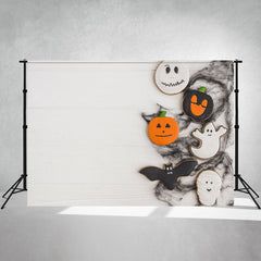White Wood Grain Pumpkin Ghost Halloween Backdrop - Layoris