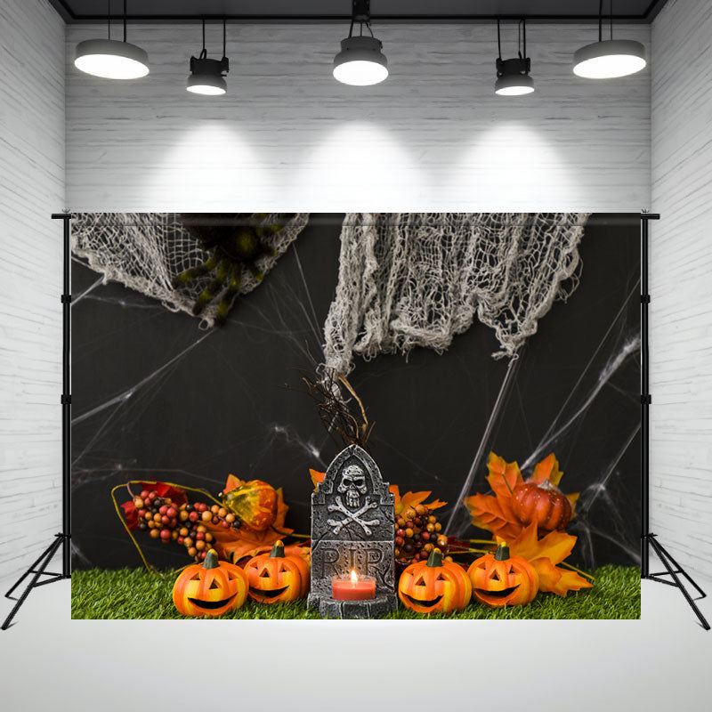 Tombstone Pumpkin Spider Web Halloween Photo Backdrop - Layoris