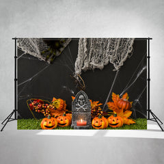 Tombstone Pumpkin Spider Web Halloween Photo Backdrop - Layoris