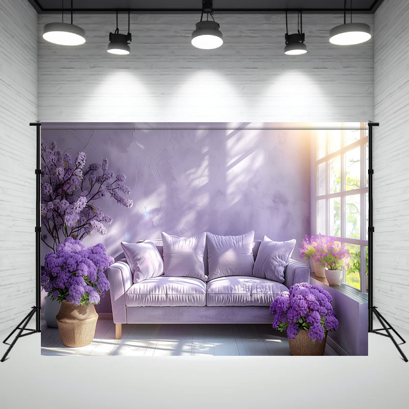 Purple Flower Sofa Window Photography Backdrop - Layoris