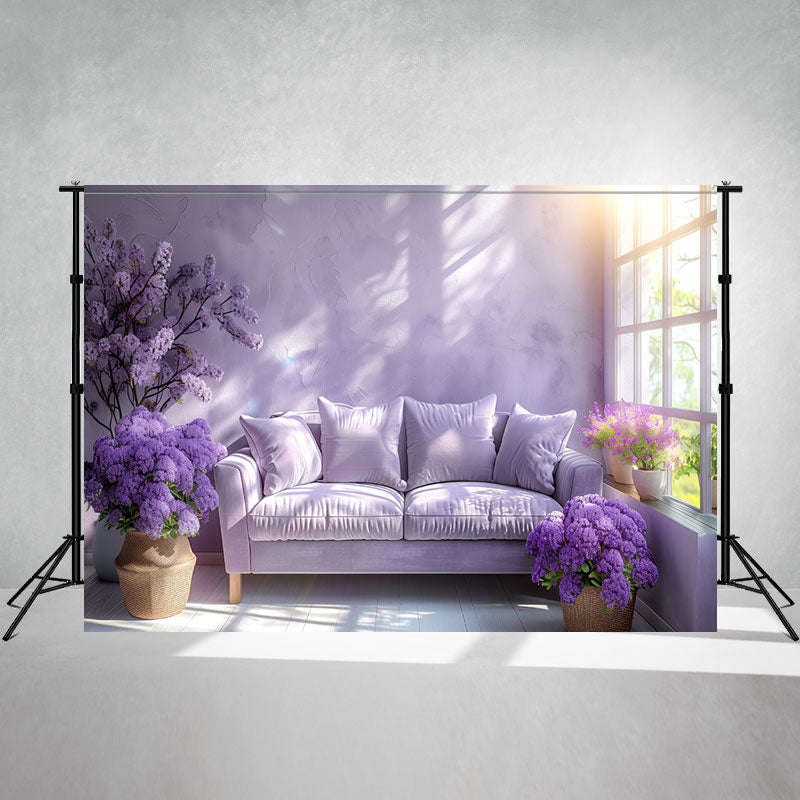 Purple Flower Sofa Window Photography Backdrop - Layoris