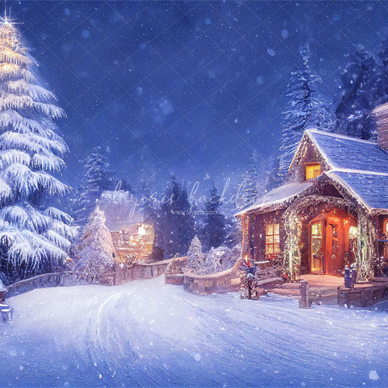 Charming Winter House Snow Photo Backdrop - Layoris