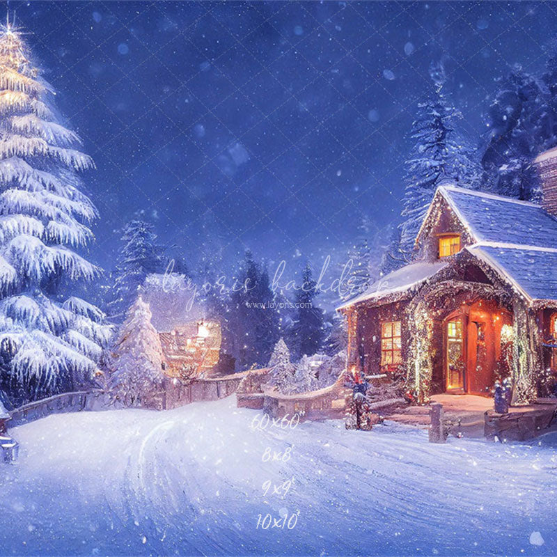 Charming Winter House Snow Photo Backdrop - Layoris