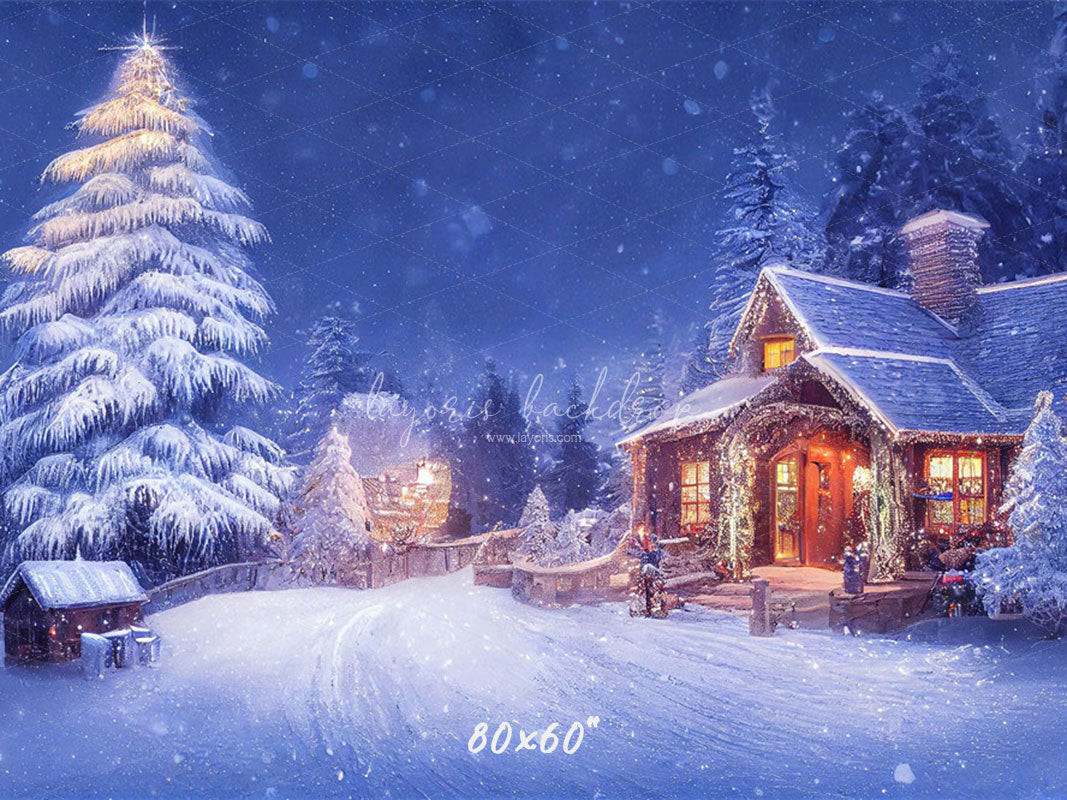 Charming Winter House Snow Photo Backdrop - Layoris