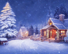Charming Winter House Snow Photo Backdrop - Layoris