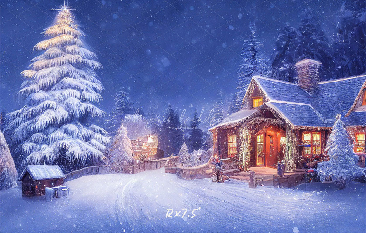 Charming Winter House Snow Photo Backdrop - Layoris