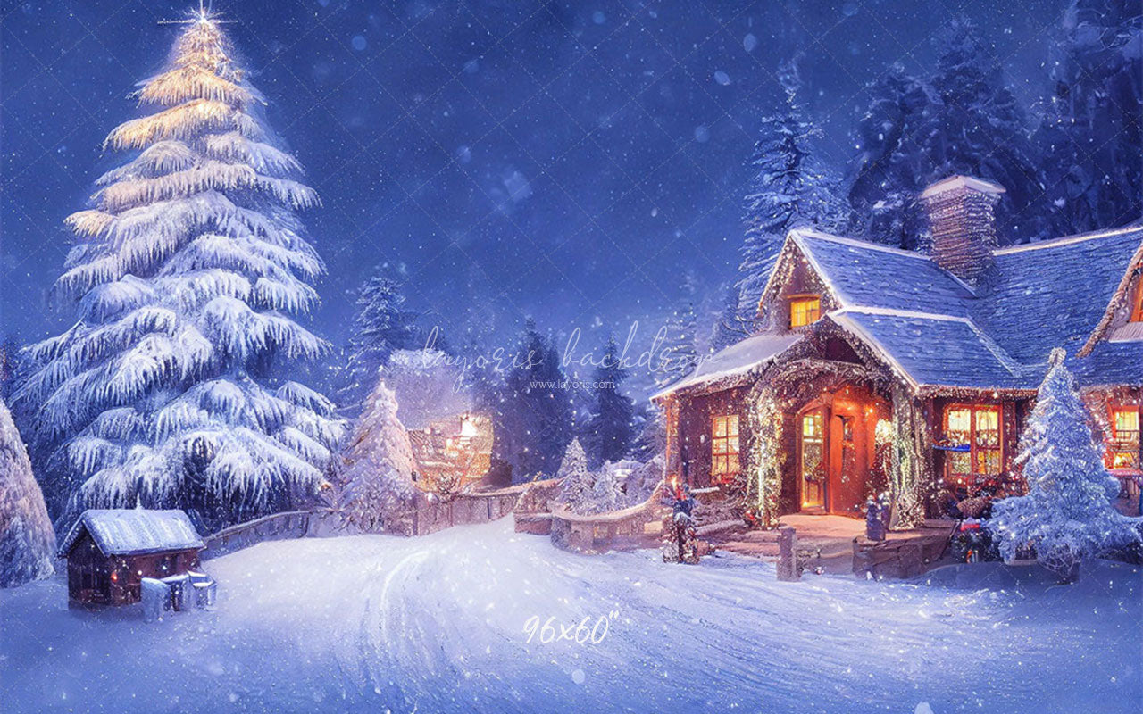 Charming Winter House Snow Photo Backdrop - Layoris