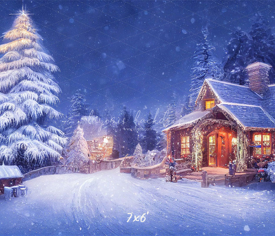 Charming Winter House Snow Photo Backdrop - Layoris