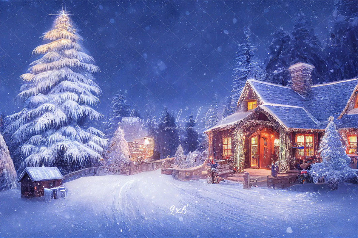 Charming Winter House Snow Photo Backdrop - Layoris