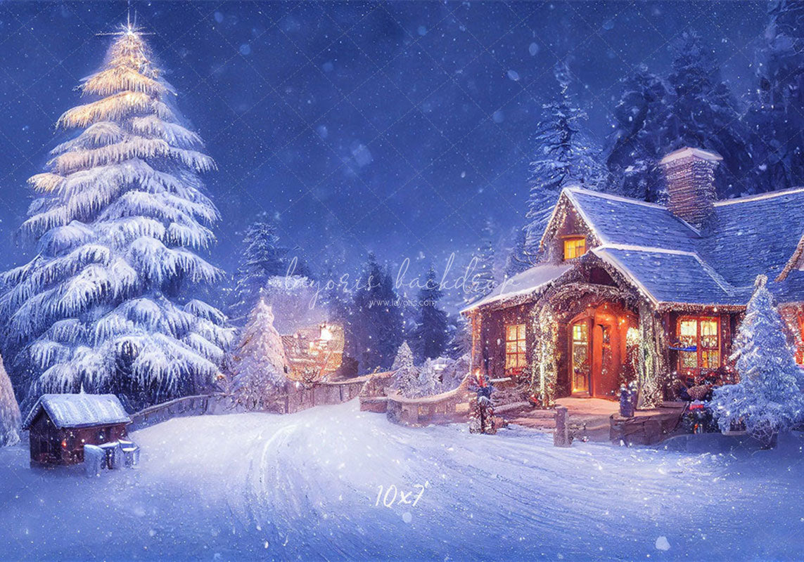 Charming Winter House Snow Photo Backdrop - Layoris