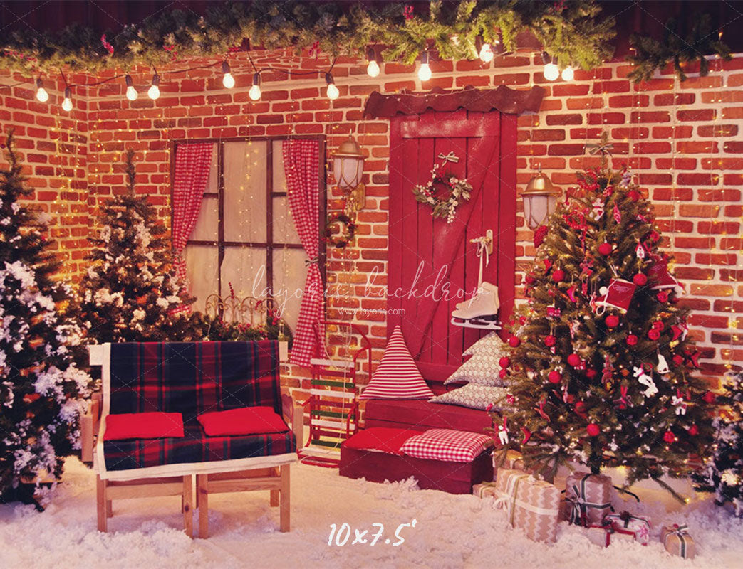Red Brick Wall Interior Christmas Photo Backdrop - Layoris